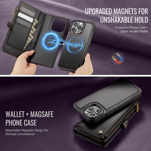 Defencase for iPhone 14 Pro Max Case Wallet Compatible with Magsafe, Black | Drop-Proof Magnetic Detachable Phone Cases Cover, with RFID Bolcking Card Holder, Zipper Strap, PU Leather, Removable Wallet - color: (Detachable with Magsafe)-Black