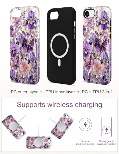 Jusy Magnetic Stained Glass Floral Case for iPhone 16e/17e, Iris | Compatible with MagSafe, Cute Aesthetic Flower Design, TPU and PC Protective Shockproof Cover - color: Iris