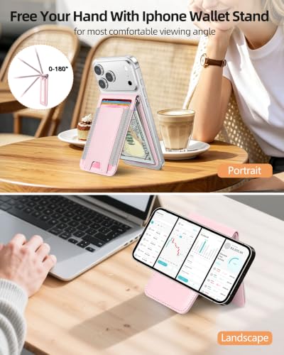 for MagSafe Wallet with Money Clip, ID Window & 8 Card Holder | Stronger Magnetic Wallet for iPhone 17/16/15/14/13/12 Series, RFID Blocking, for iPhone Wallet with Adjustable Stand - color: Soft Blush Pink