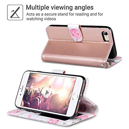 ULAK for iPhone SE 3(2022)/SE(2020)/8/7 Wallet Case Card Holder, Rose Gold | Premium Floral PU Leather Flip Case with Kickstand Card Slots,RFID Blocking,Wrist Strap, Durable Shockproof Cover 4.7 Inch - color: Rose Gold