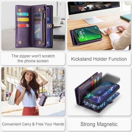 Compatible with iPhone 15 Plus Wallet Case with Magsafe,Purple | Magnetic Detachable Case,Card Holder,Zipper Pocket,Strap Wristlet, Soft Leather Drop-Proof Phone Case for iPhone 15 Plus 6.7" - color: Purple, size: iPhone 15 Plus 6.7"
