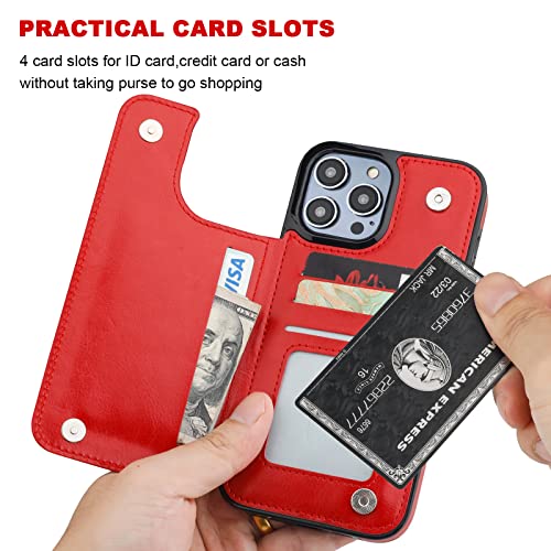 ONETOP for iPhone 14 Pro Max Wallet Case with Credit Card Holder,Red | Kickstand,ID/Cash Holder,Case Wallet with Card Slots,Double Magnetic Clasp,Durable PU Leather Shockproof Cover for Women Men - color: Red