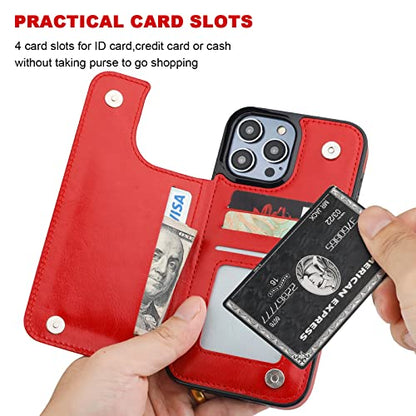 ONETOP for iPhone 14 Pro Max Wallet Case with Credit Card Holder,Red | Kickstand,ID/Cash Holder,Case Wallet with Card Slots,Double Magnetic Clasp,Durable PU Leather Shockproof Cover for Women Men - color: Red