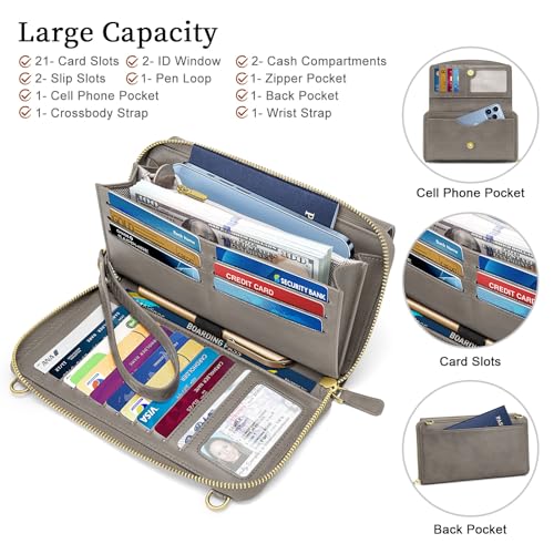 Peacocktion Womens Crossbody Wristlet Wallets with Cell Phone Pocket RFID Vegan Leather Cross Body Purses Travel - color: 06-grey