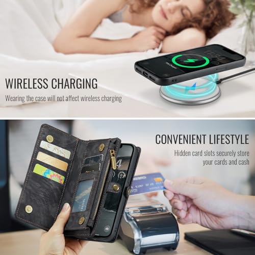 Compatible with iPhone 17E/16E Wallet Case with Magsafe,Black | Magnetic Detachable Case,Card Holder,Zipper Pocket,Strap Wristlet, Leather Drop-Proof Phone Case for iPhone 17E/16E - color: (Detachable and Magsafe)-Black, size: iPhone 16E/17E 6.1 Inch