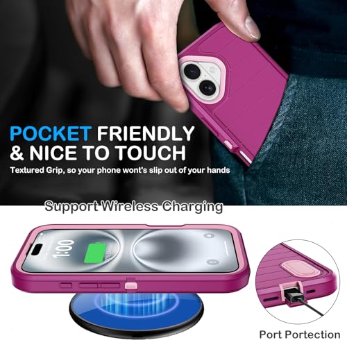 for iPhone 16 Case with Screen Protector, Heavy Duty Shockproof Drop Protection Military Grade Tri-Layer Full Covered Rugged Durable Cell Phone Cover with Built-in Invisible Kickstand 6.1" (Purple) - color: Purple