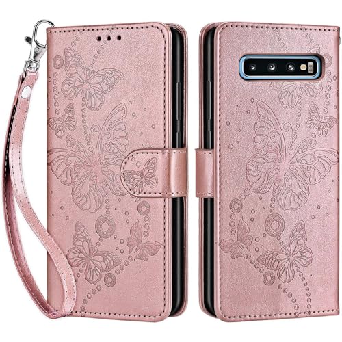 for Samsung Galaxy S10 Wallet case, Rose Gold-Butterfly | 3 Card Holders, Kickstand, Shockproof TPU Shell, PU Leather, Magnetic Closure, Protective Flip Folio Cover, Women - color: 6