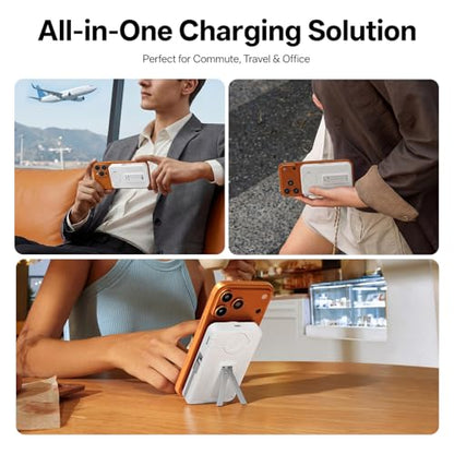 Q Magnetic Wireless Portable Charger 10,000mAh, Travel Essentials Power Bank with Built-in Cables & Foldable Stand, External Battery Pack Compatible with iPhone 17/16/15/14/13/12, Apple Watch - color: White