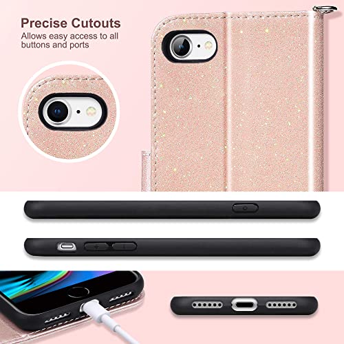 ULAK for iPhone SE (2022)/SE(2020)/8/7 Wallet Case Card Holder Pink Glitter | Premium PU Leather Flip Case with Kickstand Card Slots,RFID Blocking,Wrist Strap, Durable Shockproof Cover 4.7 Inch - color: Glitter