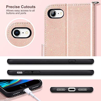 ULAK for iPhone SE (2022)/SE(2020)/8/7 Wallet Case Card Holder Pink Glitter | Premium PU Leather Flip Case with Kickstand Card Slots,RFID Blocking,Wrist Strap, Durable Shockproof Cover 4.7 Inch - color: Glitter