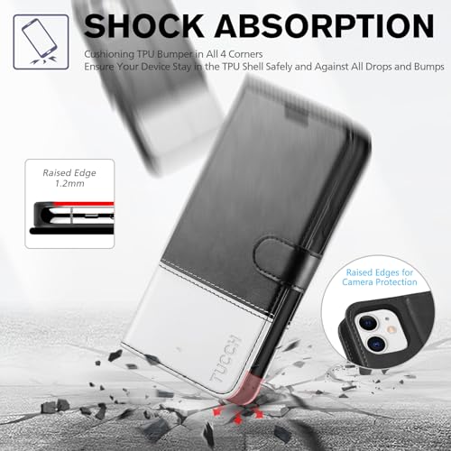 TUCCH Case Wallet for iPhone 11 (6.1"), RFID Blocking Folio, Black & White | 3 Card Holders, Kickstand, PU Leather, Magnetic Closure, Shockproof TPU Shell, Protective Flip Cover - color: Black & White