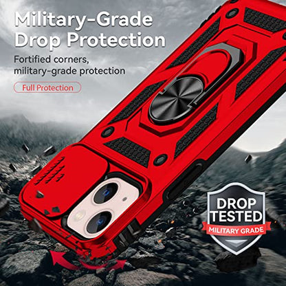 for iPhone 13 Case with Camera Lens Cover HD Screen Protector, Dual Layer [15 FT Military Grade Drop Protection] Magnetic Ring Holder Kickstand Protective Phone Case for iPhone 13 6.1 inch (Red) - color: Red with camera cover Military-Grade 2nd gen