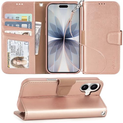 Arae Compatible with iPhone 17 Case Wallet with Card Holder, Wristlet Strap Wallet Flip Cover for iPhone 17 6.1 inch Men/Women, RFID Blocking, Kickstand, Rose Gold - color: Rose Gold, size: iPhone 17 6.1 inch