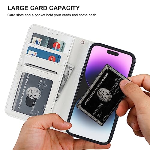 Bocasal Detachable Wallet Case Card Holder for iPhone 14 Pro, White | RFID Blocking Kickstand Card Slots Holder PU Leather Magnetic Shockproof Wrist Strap Removable Flip Protective Cover 6.1 inch - color: White
