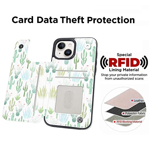 uCOLOR for iPhone 13/14 Wallet Case with Card Holder Green Cactus | PU Leather RFID Blocking for Women Men Magnetic Clasp Kickstand 6.1 - color: Green