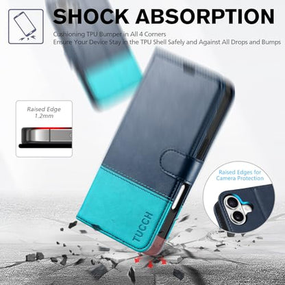 TUCCH Wallet Case for iPhone 17 (6.3") 2025, 4 Card Slots, Blue & Lake Blue | RFID Blocking, Viewing Stand, Shockproof TPU Shell, PU Leather, Magnetic Closure, Protective Folio Flip Cover - color: Two-tone Blue & Lake Blue
