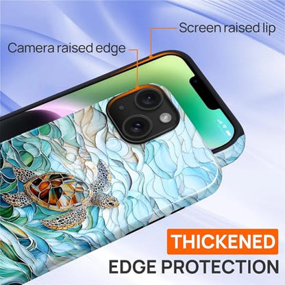 Case Compatible with iPhone 13 14, Cute Dual Layer Hybrid Phone Cover, Military Grade Drop Protection, Aesthetic Shockproof Phone Case for Women Girls, Stained Glass Sea Turtle - color: Stained Glass Sea Turtle, size: Iphone 13/14