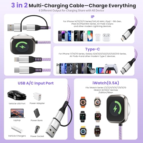 Travel Essentials 3 in 2 Multi Charging Cable for Apple Watch Charger, 5FT - color: Purple, size: 1Pack5FT