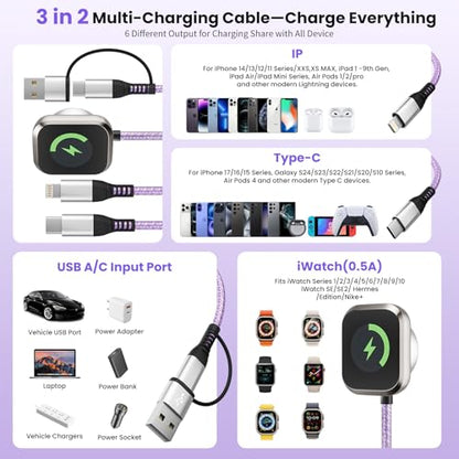Travel Essentials 3 in 2 Multi Charging Cable for Apple Watch Charger, 5FT - color: Purple, size: 1Pack5FT