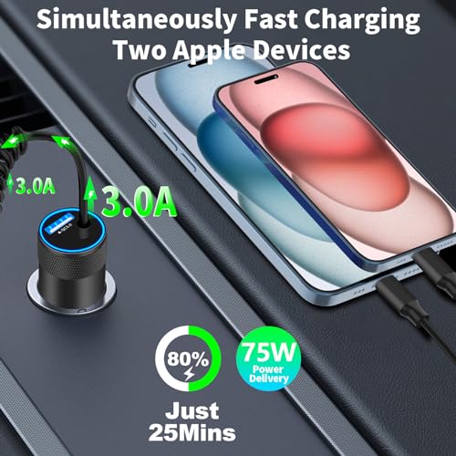 Apple MFi Certified iPhone Duo 18 17 Pro Max Car Charger + 6FT Type C Cable - size: 6.6FT