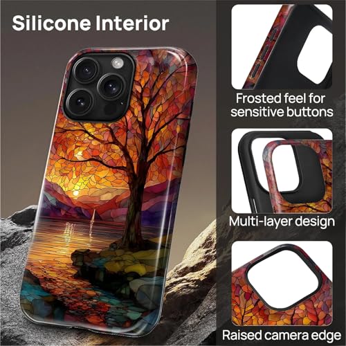 Magnetic Phone Case for iPhone 15 Pro Max,Compatible with MagSafe,Durable 2 Layers Full Covered Shockproof Protective Cover-Stained Glass Sunrise Fall Leaves - color: Stained Glass Sunrise Fall Leaves, size: iPhone 15 Pro Max