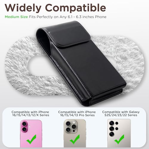 Holster for iPhone 17, 17 Pro, 16, 16 Pro, 15, 15 Pro, 14, 14 Pro, 13, 13 Pro, 12, Galaxy S26, S25, S24, Premium Leather Pouch with Belt Clip Phone Holster Belt Case, Black -M - color: Black, size: Medium