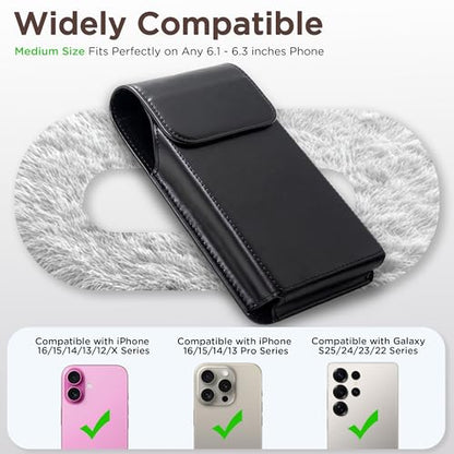 Holster for iPhone 17, 17 Pro, 16, 16 Pro, 15, 15 Pro, 14, 14 Pro, 13, 13 Pro, 12, Galaxy S26, S25, S24, Premium Leather Pouch with Belt Clip Phone Holster Belt Case, Black -M - color: Black, size: Medium