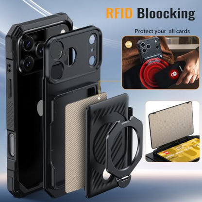 for iPhone 17 Pro Wallet Case With 4-5 Card Holder, 360° Stand - color: Black, size: iPhone 17 Pro