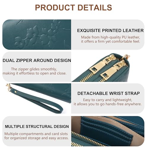 yiijay Womens Wallet RFID Blocking Large Capacity Vegan Leather Double Zip Wristlet Wallet Card Holder Travel Ladies Clutch - color: Dark Green