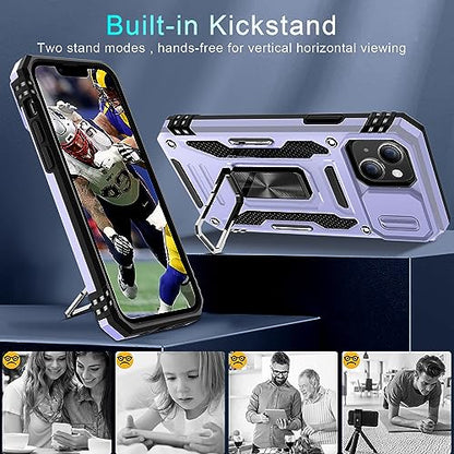 DEERLAMN Case for iPhone 13/iPhone 14 6.1-Inch with Slide Camera Cover+Screen Protector(2 Packs),Rotated Ring Kickstand Military Grade Shockproof Protective Cover-Light Purple - color: Light Purple