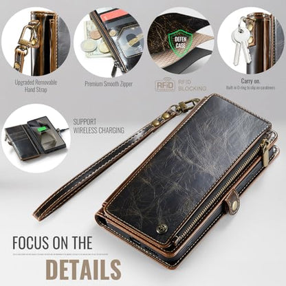 Defencase for Samsung Galaxy S23 Ultra Wallet Case with Card Holder, Coffee | Durable PU Leather, with RFID Blocking Zipper Pocket, Wrist Strap, S23 Ultra Flip Phone Cases Cover with Stand for Women Men - color: Luxury Coffee