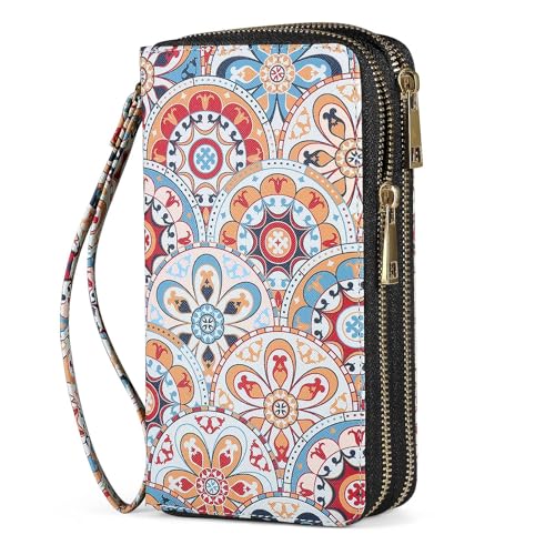 RFID Blocking Cellphone Wallet for Women with Removable Strap, Double Zipper Wristlet Bag Large Capacity, Ladies Travel Clutch Purse, Artistic Flower - color: Orange Artistic Flower