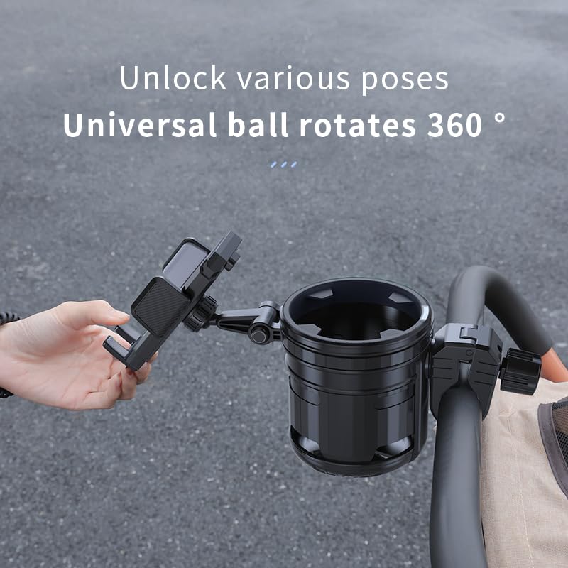 3-in-1 Stroller Cup Phone Holder, Multifunctional Stroller Cup Holder Attachment with 360° Adjustable Phone Mount, Cup Holder for Walker, Wheelchair, Strollers, Anti-Slip & Easy Install