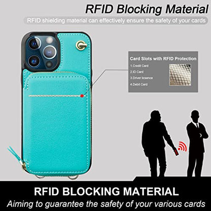 Bocasal Multi-Slot Crossbody Wallet Case for iPhone 12 Pro Max, Mint Green | RFID Blocking PU Leather Purse Case with Card Holder, Handbag Flip Cover with Zipper Wrist Strap Lanyard for Women 6.7 Inch - color: Green