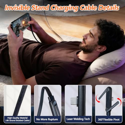 2PCS Sideways Phone Charger with 5PCS Silicone Cable Ties, 240W Invisible Stand Charging Cable with 360° Adjustable Metal Stand，Fast Charging Cord with Built-in Phone Stand for Smartphones Tablets