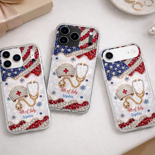 4th of July Nurse Hat, Personalized Clear Phone Case, Gift for Nurses Custom Smartphone Cover Unique Independence Day Present Protective Accessories
