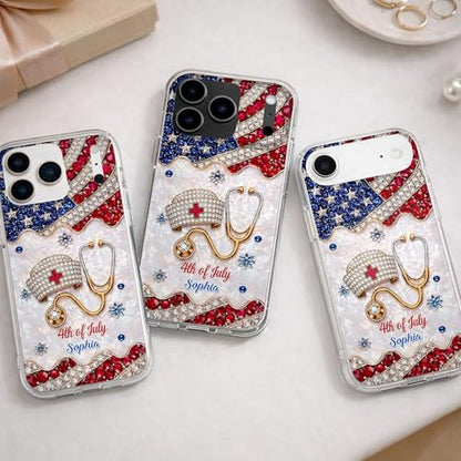 4th of July Nurse Hat, Personalized Clear Phone Case, Gift for Nurses Custom Smartphone Cover Unique Independence Day Present Protective Accessories