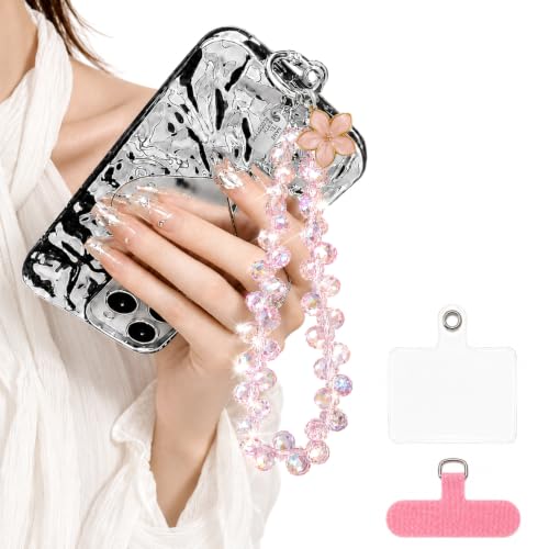Cute Phone Wrist Strap Chic Beaded Cellphone Lanyard Phone Charm Grip Strap - color: Pink Flower Crystal