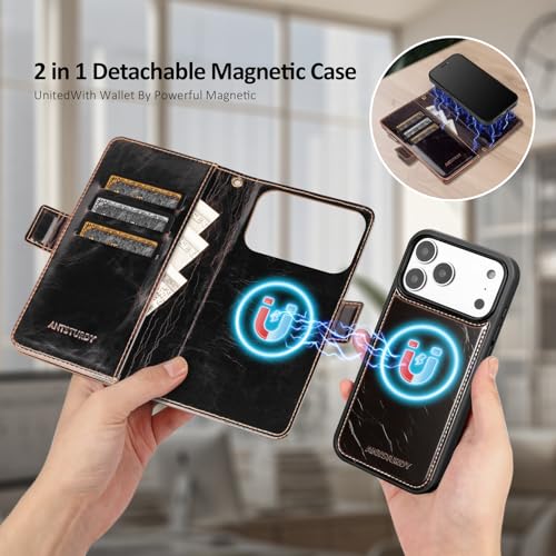 Antsturdy Compatible with MagSafe iPhone 17 Pro Max Wallet Case,Coffee | Detachable Magnetic Credit Card Holder,RFID Blocking,PU Leather Zipper Purse,Wrist Strap Kickstand,Flip Phone Cover for Women - color: (Detachable with Magsafe)-Coffee