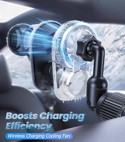 Long-arm Wireless Magnetic Car Phone Holder Mount with Cooling Fan & RGB Lights, 15W Fast Charging Auto-Rotate Charger for iPhone 17/16/15/14/13/12 S25 Samsung Google, Car Air Vent Mount - size: Vent clip