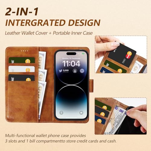 2 in 1 PU Leather for iPhone 16 Leather Case, Detachable Wallet Case with Card Holder, Removable Flip Folio Cover with RFID Blocking, Stand Shockproof Phone Cover（Compatible with MagSafe） Brown - color: Brown, size: Iphone 16