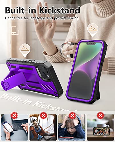 FNTCASE for iPhone 14 Plus Case, Built-in Screen Protector, Kickstand | 20FT Military-Grade Drop Protection, Anti-Slip Matte Textured, Rugged Heavy Duty Shockproof TPU Protective Cover - color: Purple