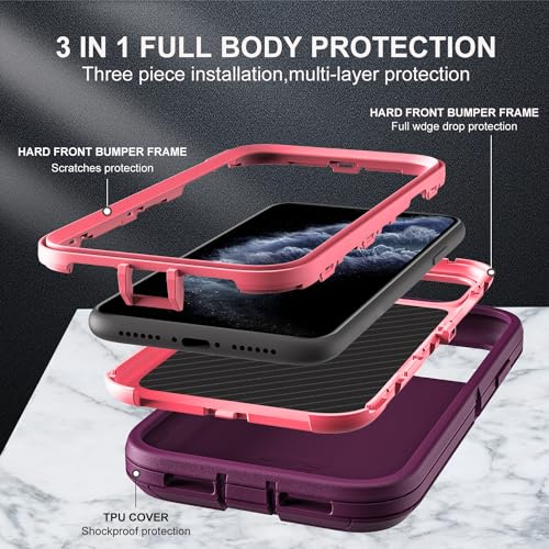 YKHJKLEC for iPhone 11 Pro Max Case, Military Grade 3 in 1 Heavy Duty Shockproof/Drop Proof/Dust Proof Case with 2Pcs Tempered Glass Screen Protector (Purple/Pink) - color: Purple/Pink