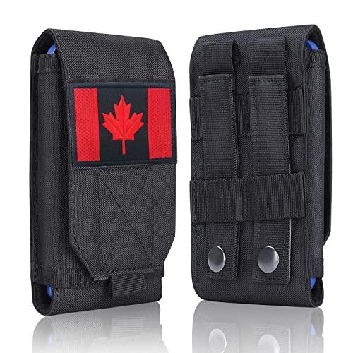 Black Tactical Molle Waterproof Cellphone Pouch Case,Heavy Duty Phone Holster Bag for iPhone 11 12 13 Pro Max Less 6.7" Phone(Fits Otterbox/Survivor Protective Case on) with Canada Flag Patch - color: Black & 1 Black/Red Patch