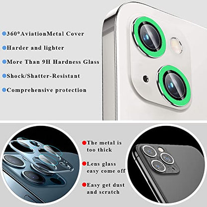 Bling Luminous Camera Lens Protector Compatible for iPhone 13(6.1")/13 Mini(5.4") Ultra Thin/Clear Tempered Glass [Anti-Scratch][Shatter/Water/Fog-Proof] Metal Cover -Luminous Green(Set of 2) - color: Luminous Green
