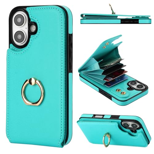 Folosu Compatible with iPhone 16 Case Wallet with Card Holder, 360°Rotation Finger Ring Holder Kickstand, RFID Blocking Leather Protective Double Buttons Shockproof Cover 6.1 Inch Mint Green - color: Mint Green
