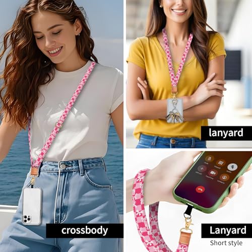 Phone Lanyard Crossbody Wrist Strap, Universal Adjustable Neck Strap for Phone Case Keys ID Badges - color: Pink Checkered Bowtie