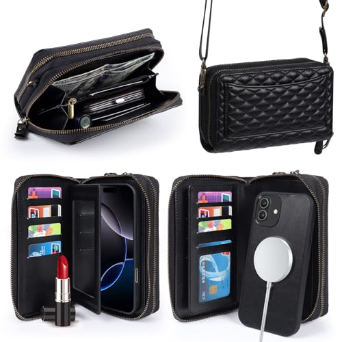 Harryshell Compatible with iPhone 17 Case Wallet Multi Zipper Detachable Removable Cover Purse with RFID Blocking Card Slots Holder Mirror Crossbody Strap (Compatible with Magsafe - Black) - color: Compatible with Magsafe - Black, size: iPhone 17
