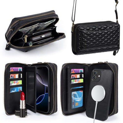 Harryshell Compatible with iPhone 17 Case Wallet Multi Zipper Detachable Removable Cover Purse with RFID Blocking Card Slots Holder Mirror Crossbody Strap (Compatible with Magsafe - Black) - color: Compatible with Magsafe - Black, size: iPhone 17