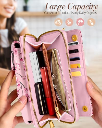 Leather Cell Phone Purse Crossbody Bag for Women | Adjustable Shoulder Strap, Card Slots, Secure Wallet Interior, Cute Pattern Styles, Small Carry for Travel and Daily Use - color: Peach Blossom